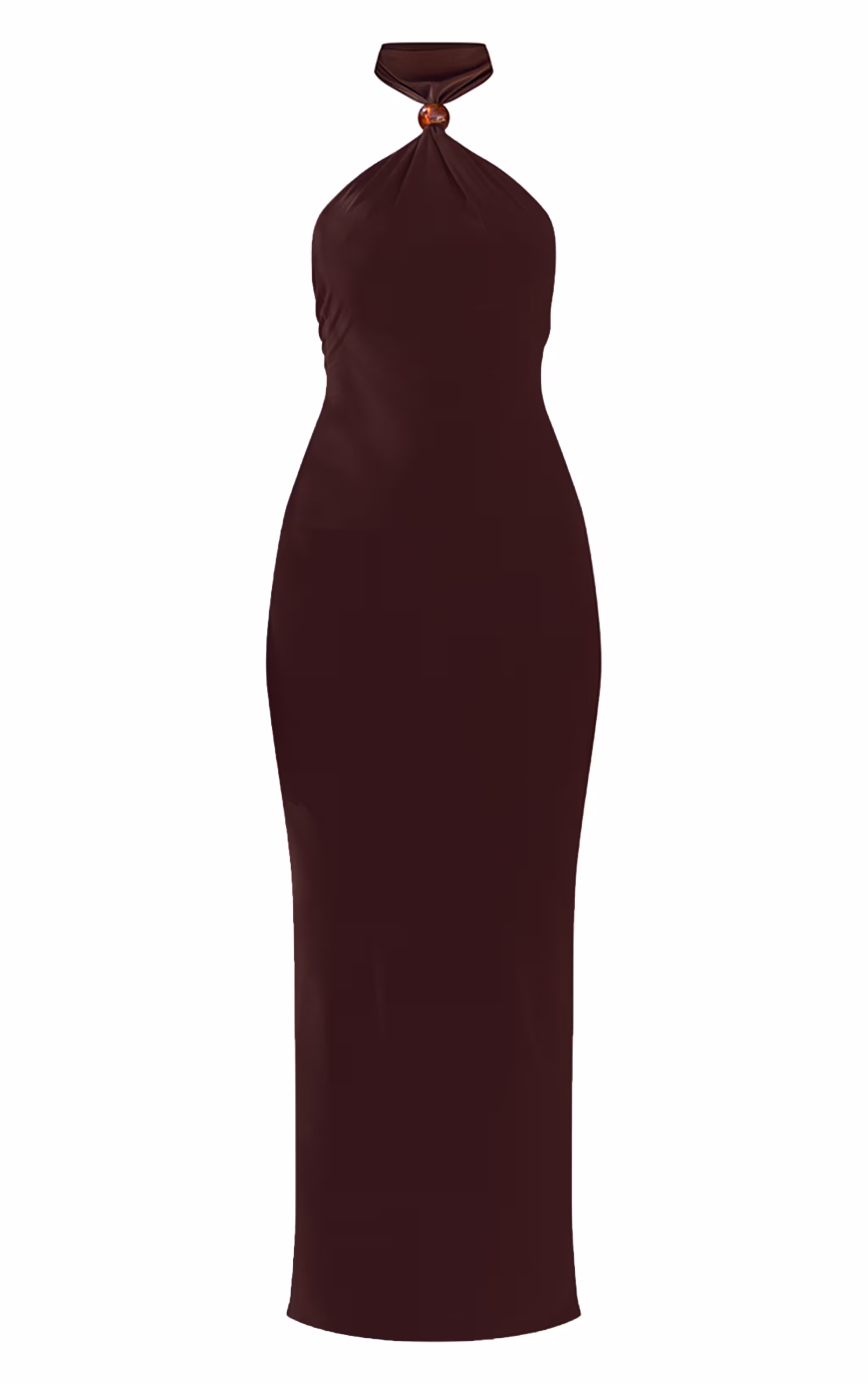 Dark Chocolate Slinky Bead Detail Halter Maxi Dress