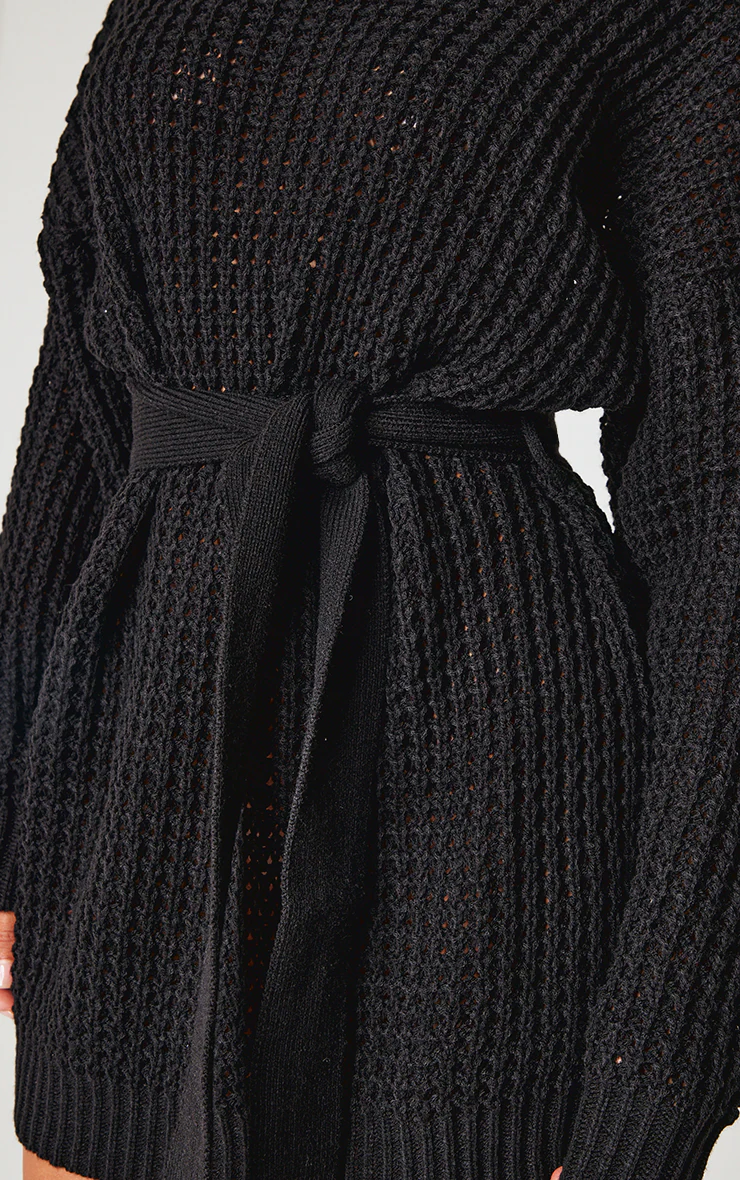 Petite Black Touch Belted Knit Sweater Dress