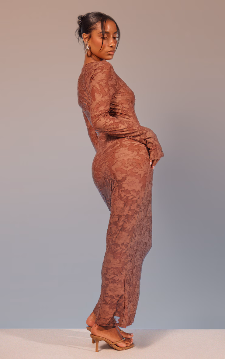 Mocha Floral Sheer Burnout Long Sleeve Maxi Dress