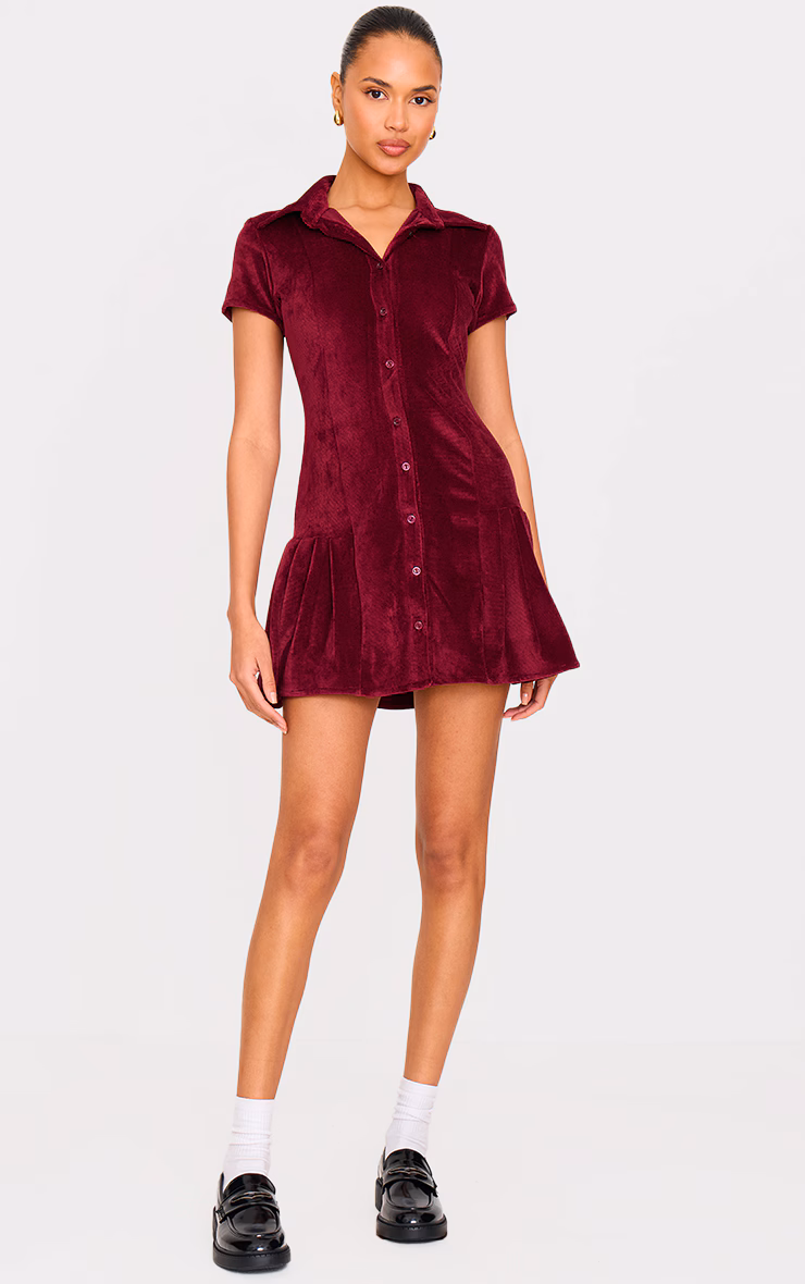 Burgundy Cord Button Down Cap Sleeve Pleated Hem Shift Dress