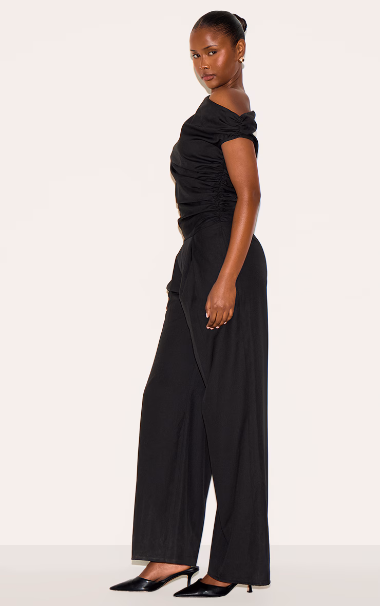 Black Woven Ruched One Sleeve Jumpsuit