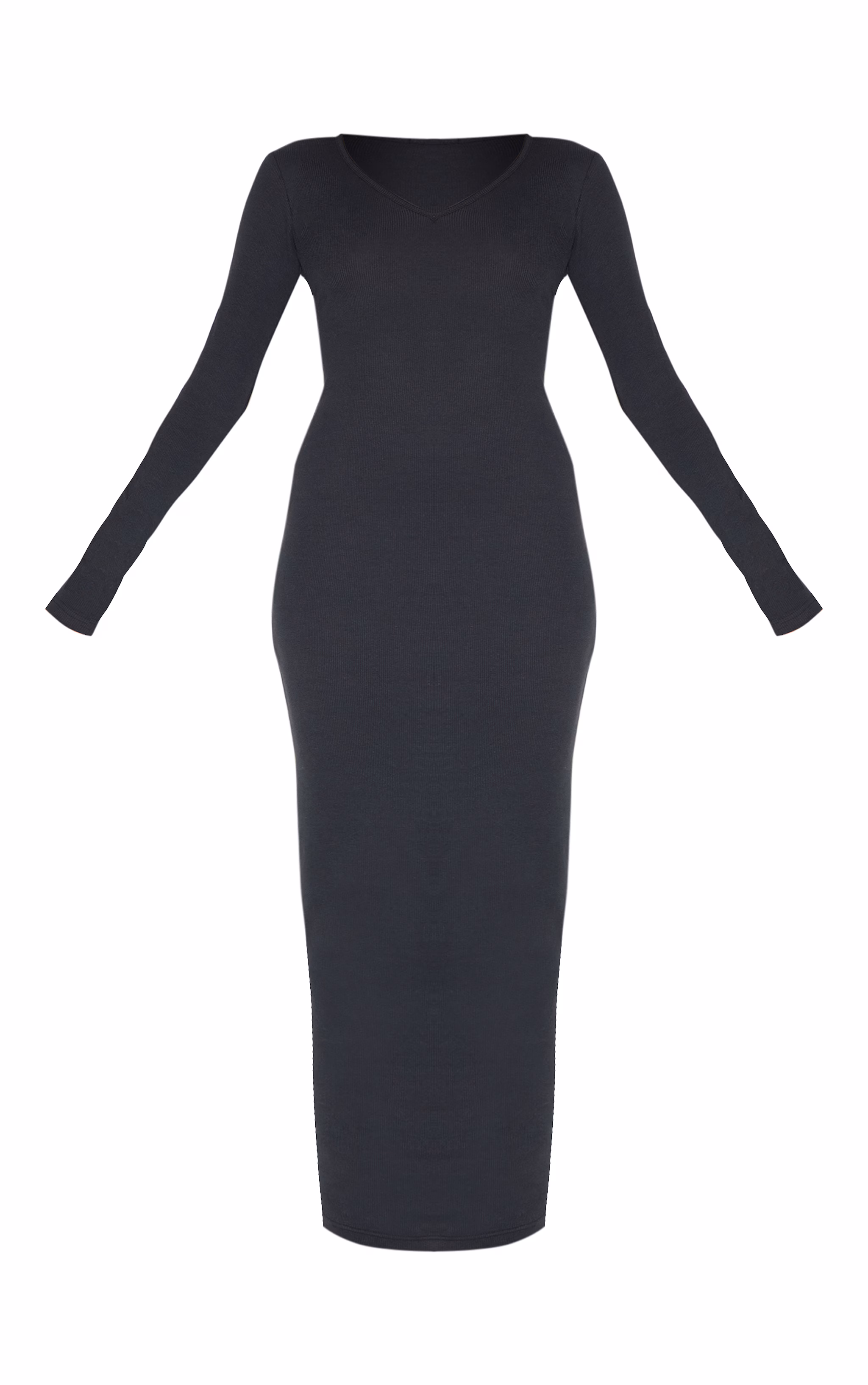 Black Ribbed V Neck Long Sleeve Maxi Dress