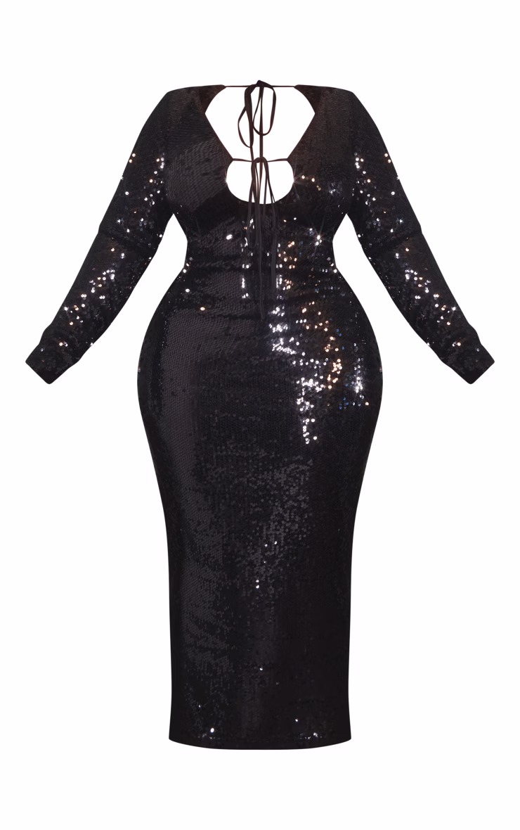 Plus Black Sequin Tie Front Maxi Dress