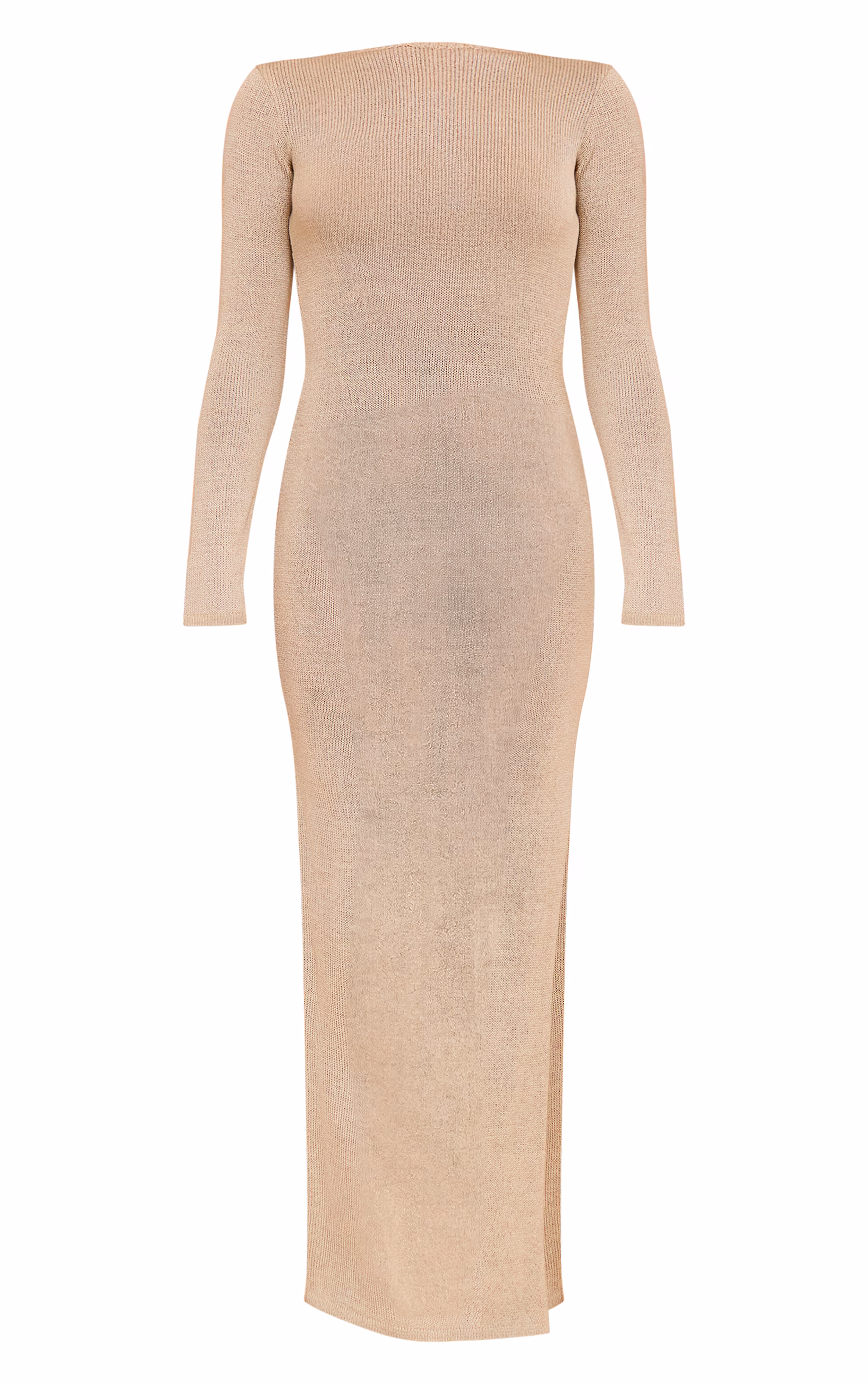 Petite Champagne Open Tie Back Long Sleeve Knitted Maxi Dress