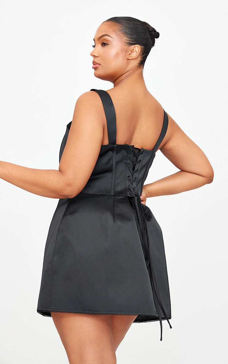Plus Premium Black Woven Lace Back Corset Bodycon Dress
