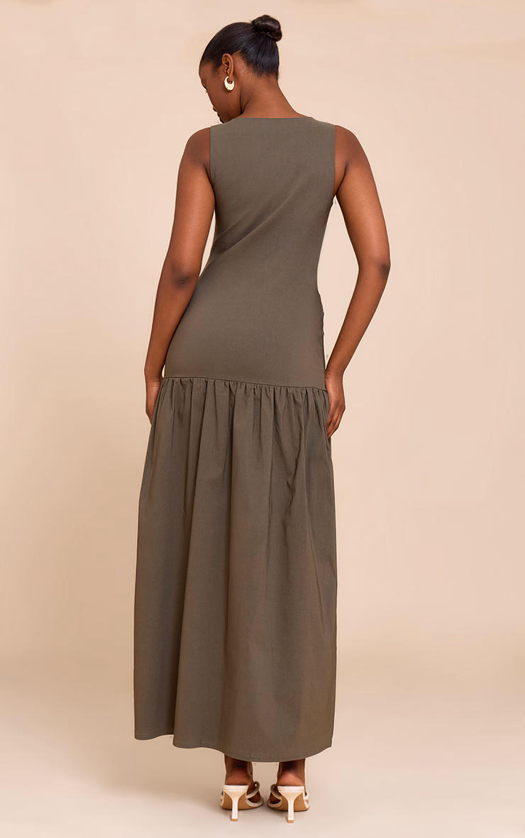 Khaki Stretch Woven Drop Waist Maxi Dress