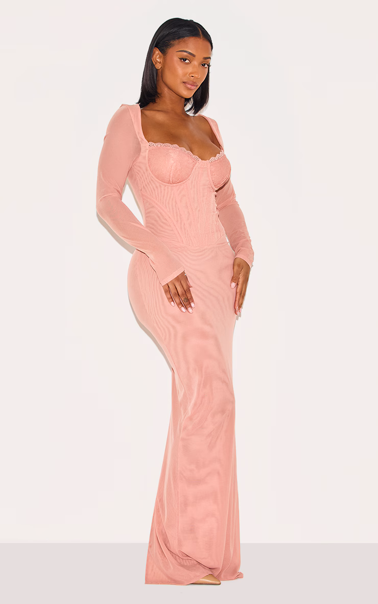 Shape Peach Mesh Lace Insert Corseted Maxi Dress