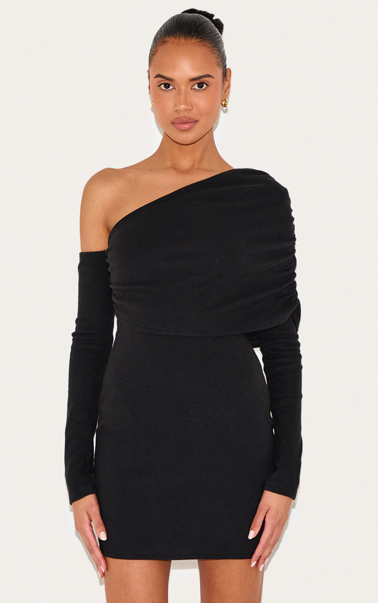 Black Rib Asymmetric Bardot Long Sleeve Bodycon Dress