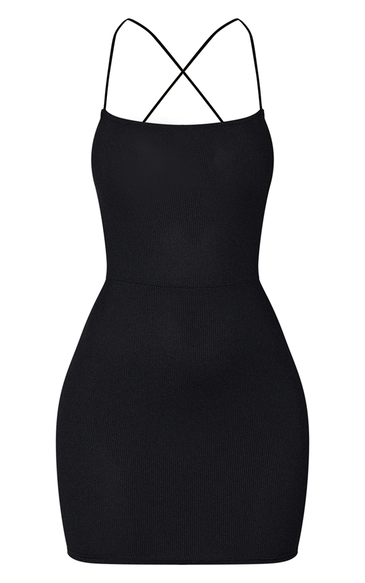 Black Ribbed Lace Up Back Bodycon Dress