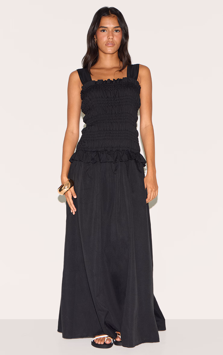 Black Shirred Frill Detail Maxi Dress