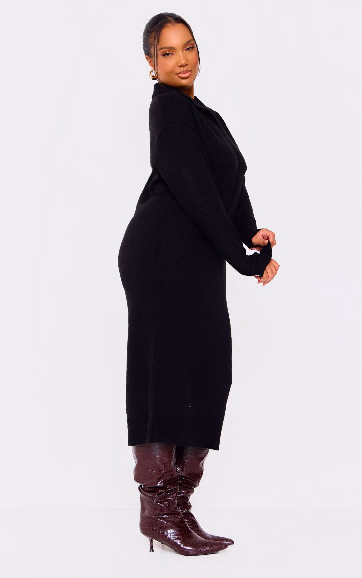 Plus Black Collar Detail Cosy Knitted Midaxi Dress