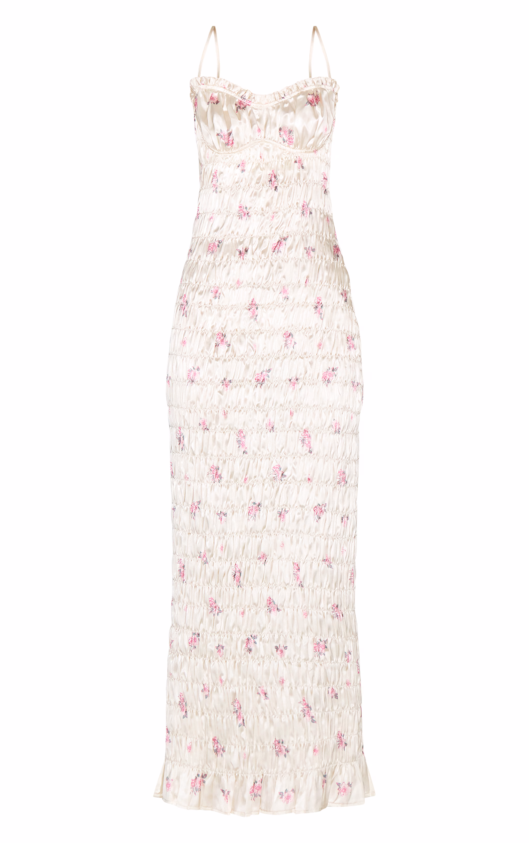Pink Satin Ditsy Floral Ruched Underwired Maxi Dress