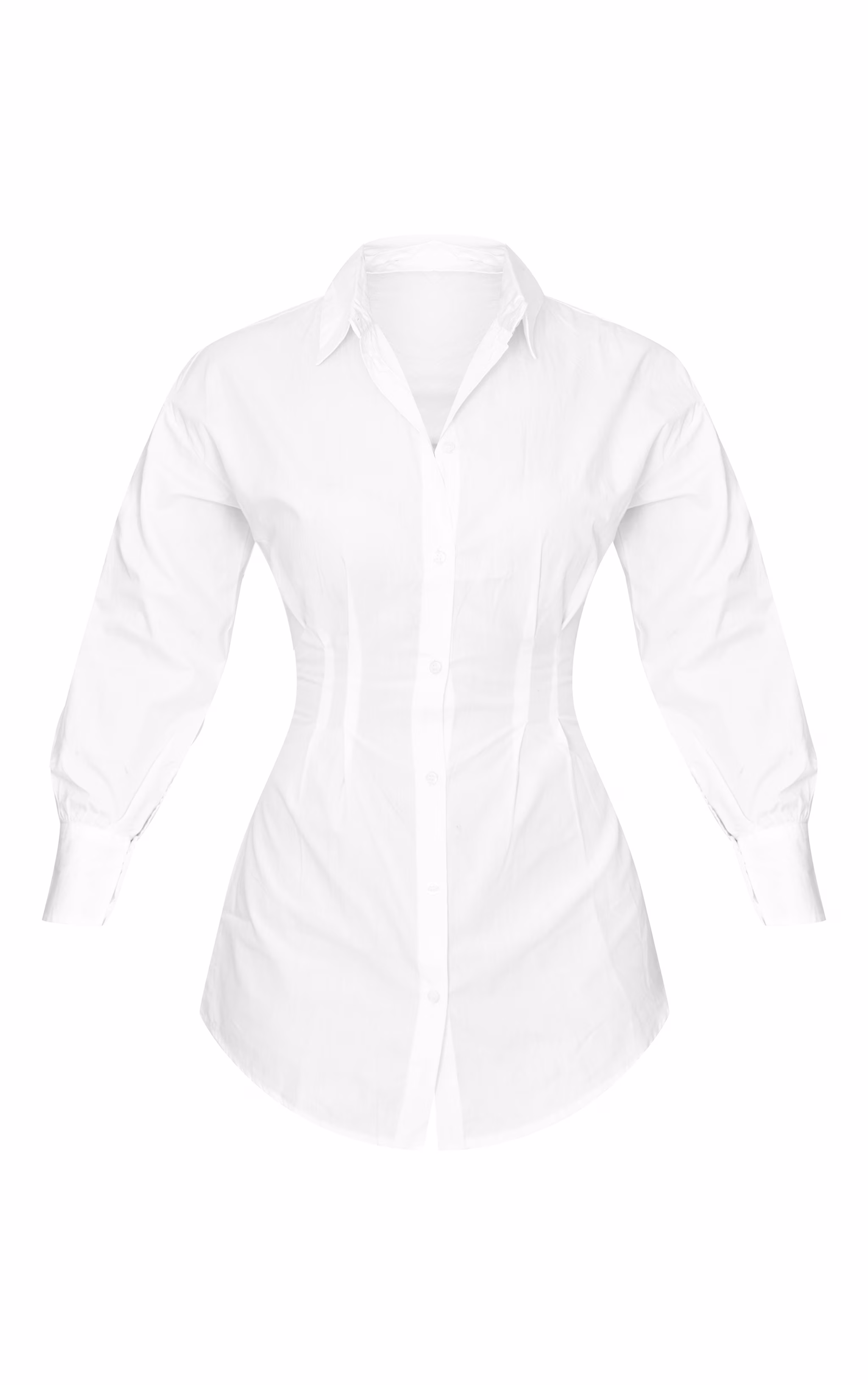 White Fitted Waist Long Sleeve Button Shirt Dress