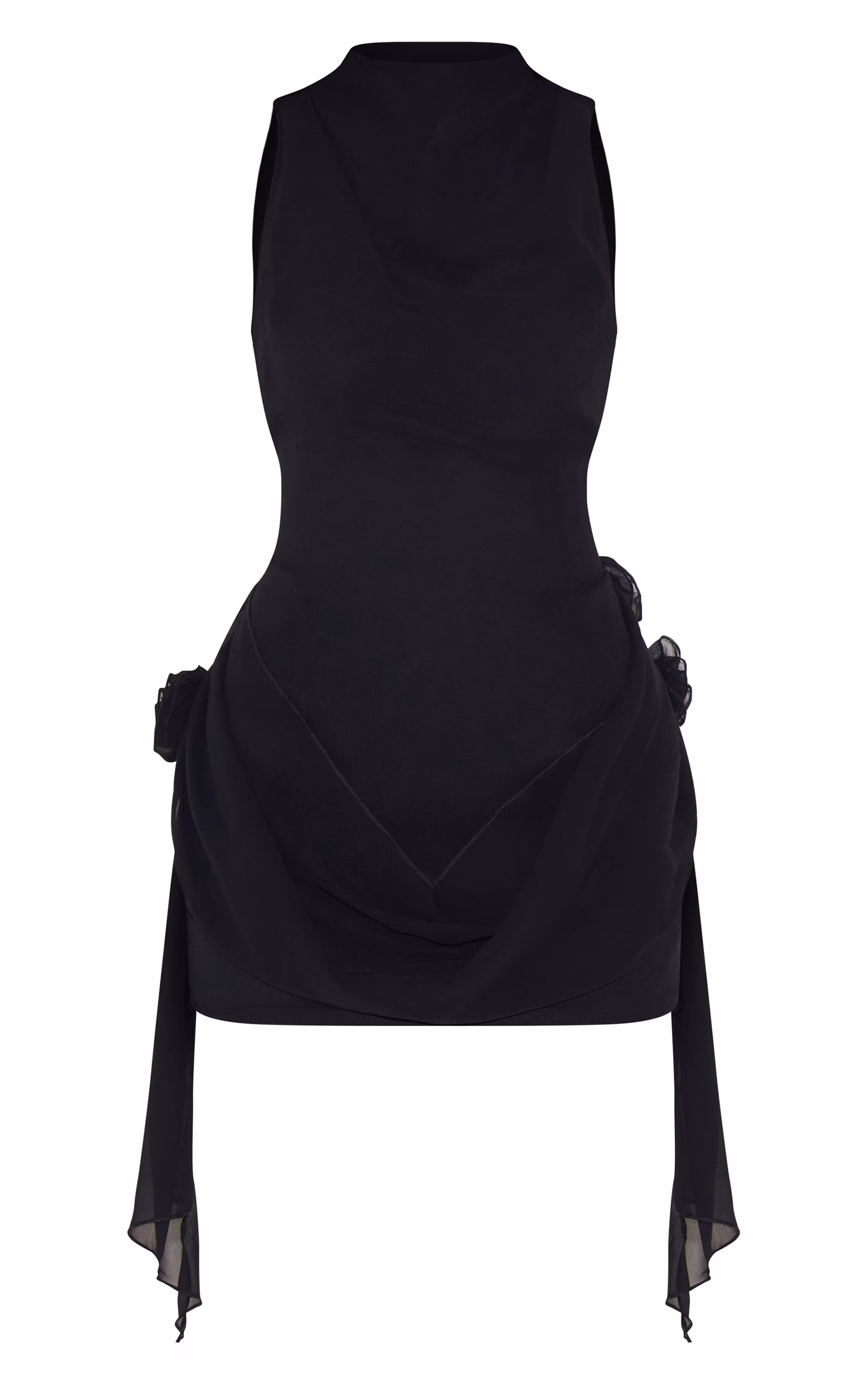 Black Chiffon Boat Neck Drape Detail Mini Dress