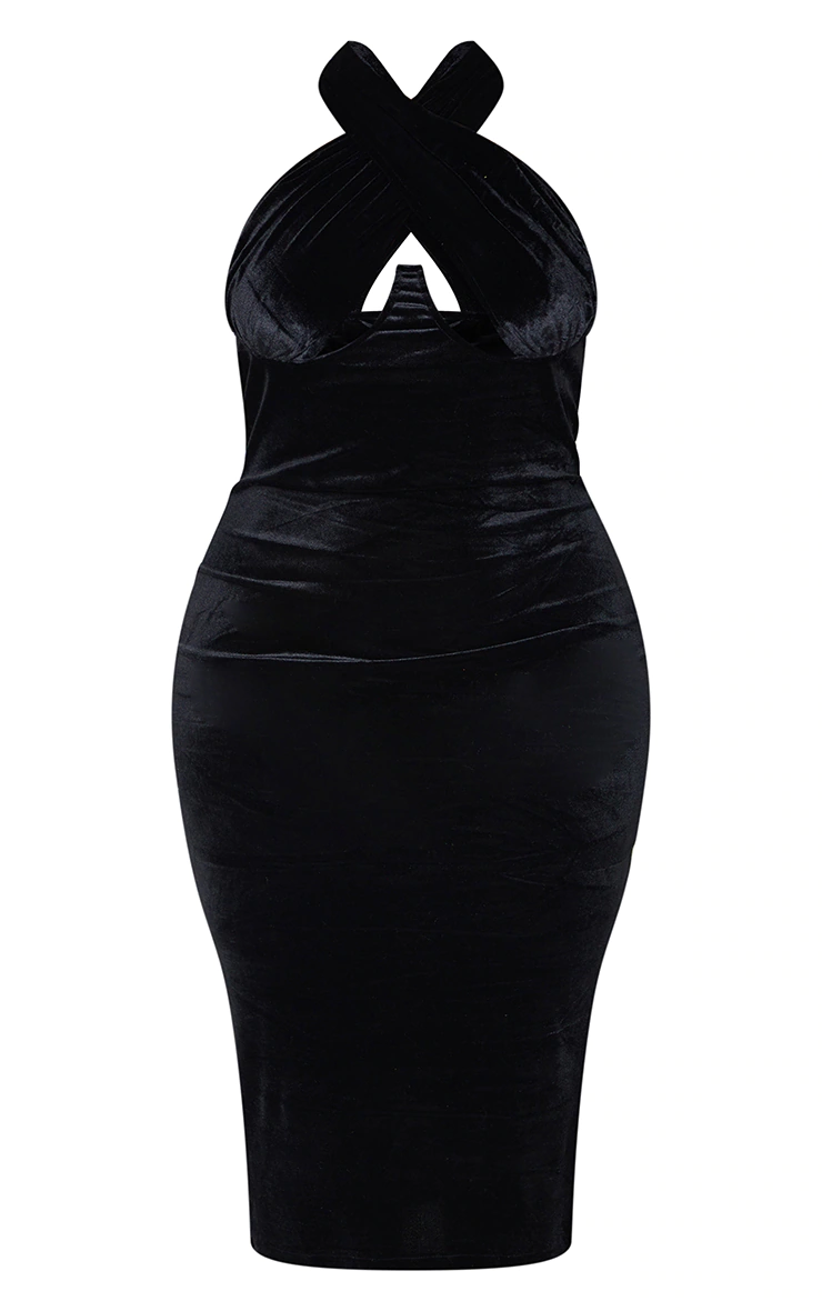 Plus Black Velvet Underwired Cross Front Midi Dress
