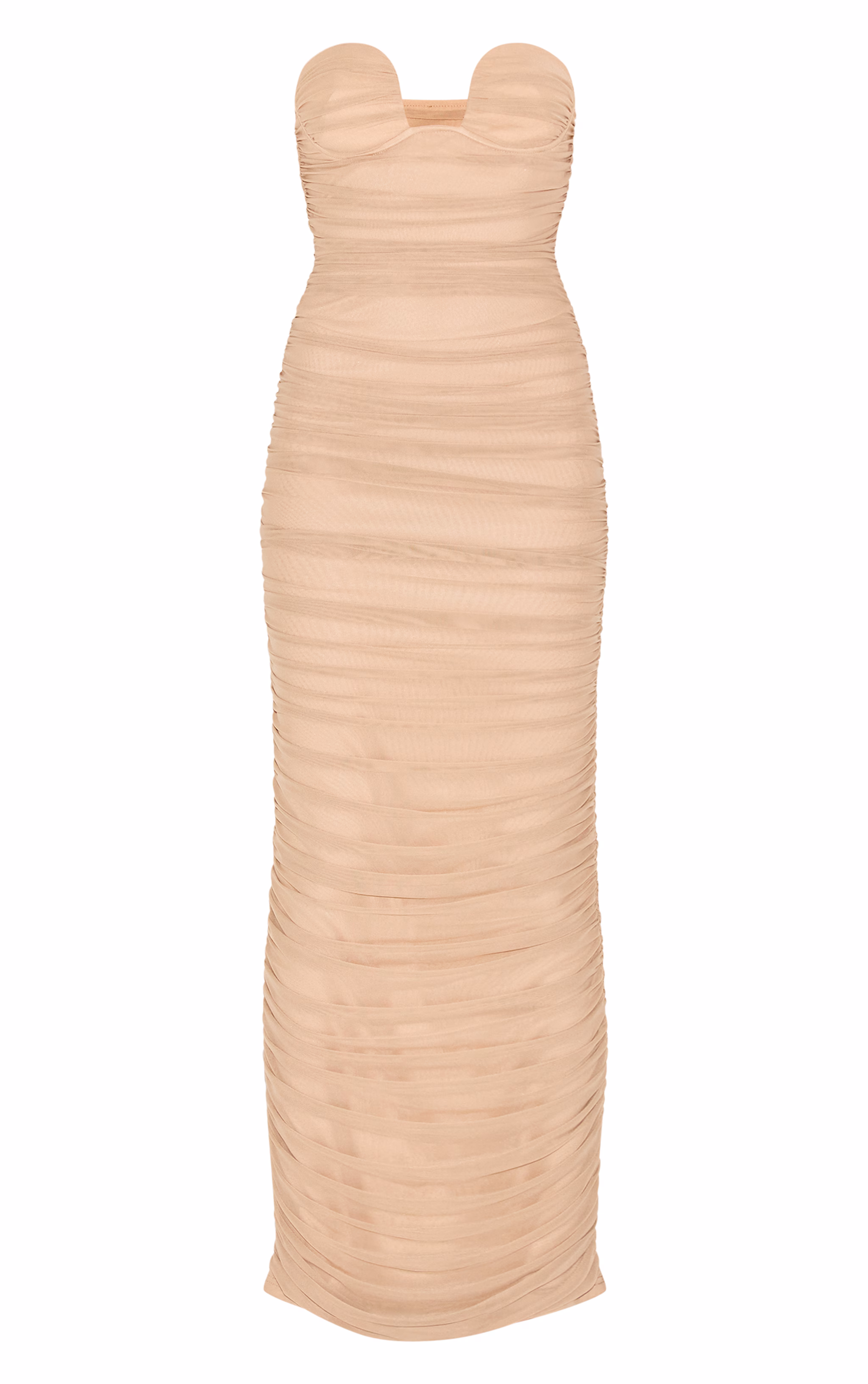 Mushroom Mesh Ruched Bandeau Maxi Dress