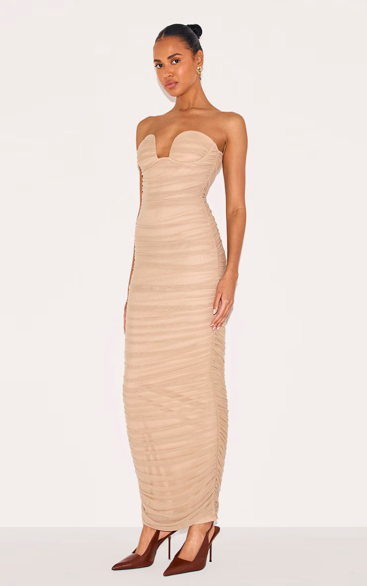 Mushroom Mesh Ruched Bandeau Maxi Dress