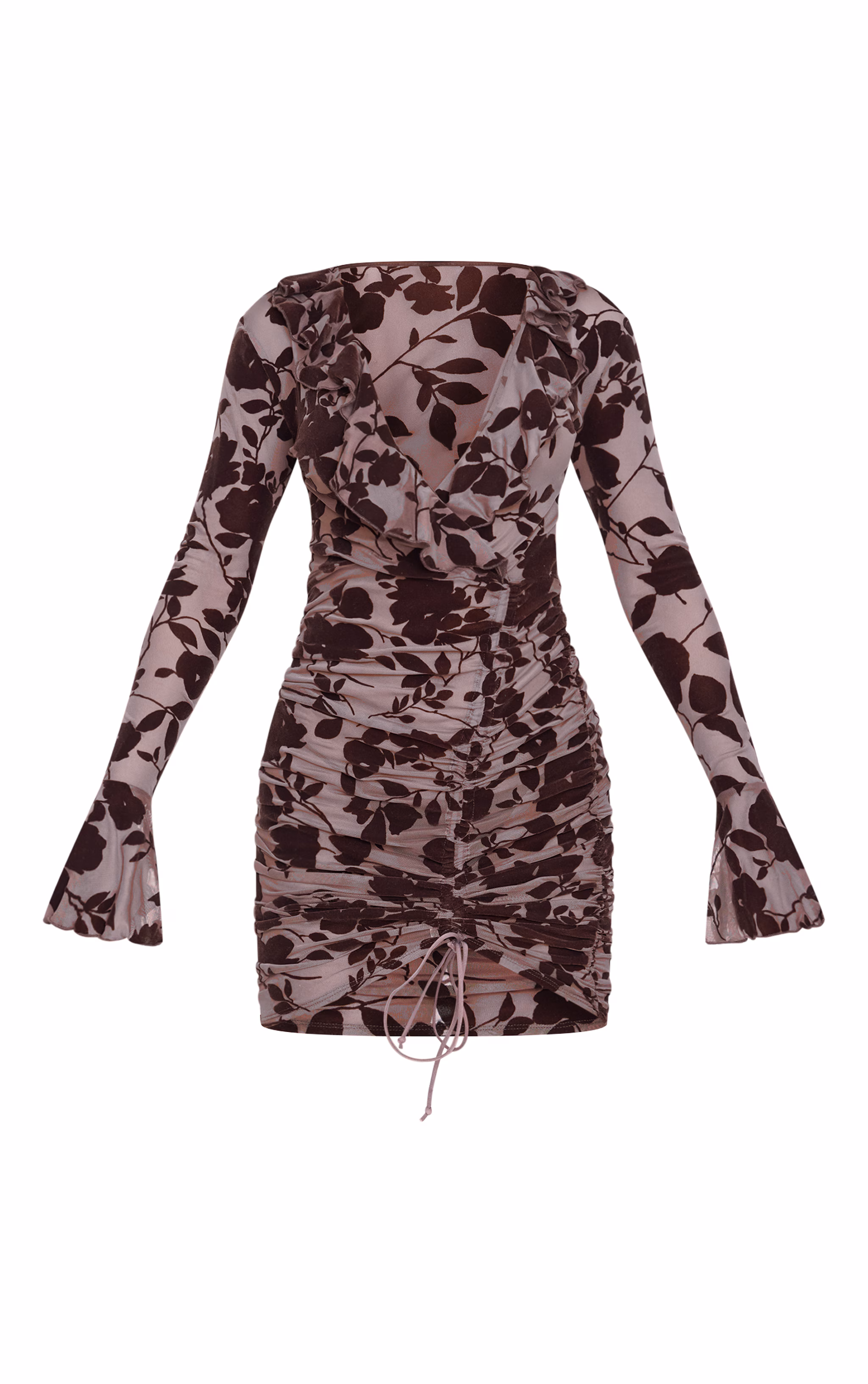 Dark Chocolate Floral Flocked Frill Detail Ruched Bodycon Dress