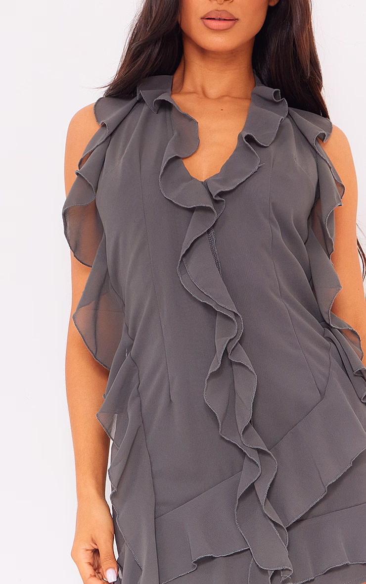 Petite Charcoal Halter Neck Frilled Mini Dress