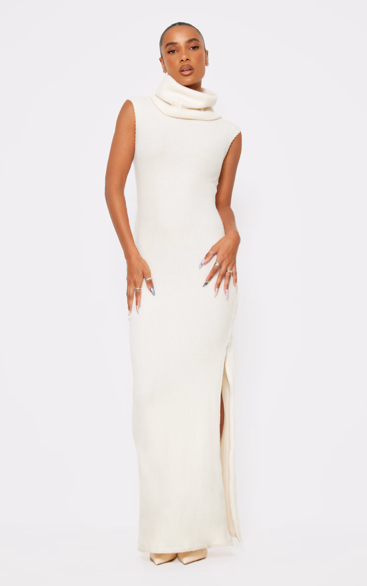 Cream Brushed Rib Roll Neck Maxi Dress