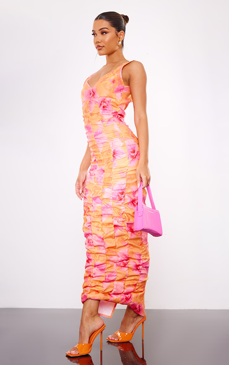 Pink Floral Printed Extreme Ruched Midaxi Dress