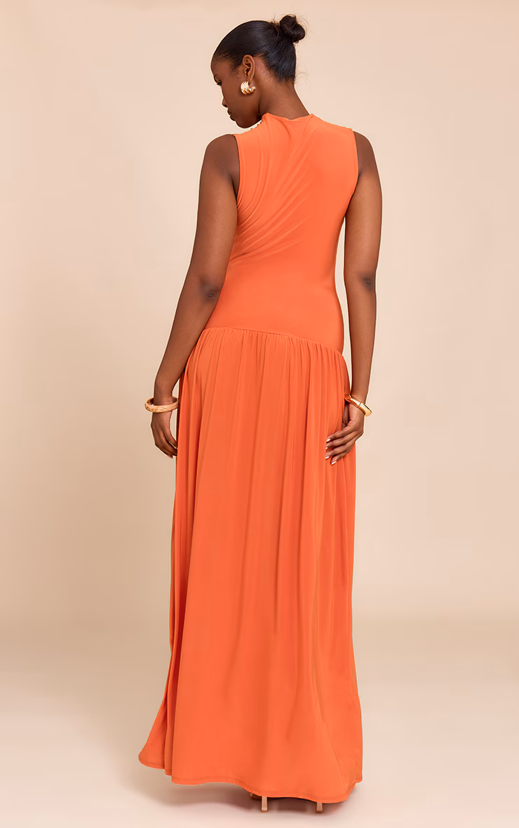 Orange Double Layer Soft Touch Drop Waist Ruched Maxi Dress
