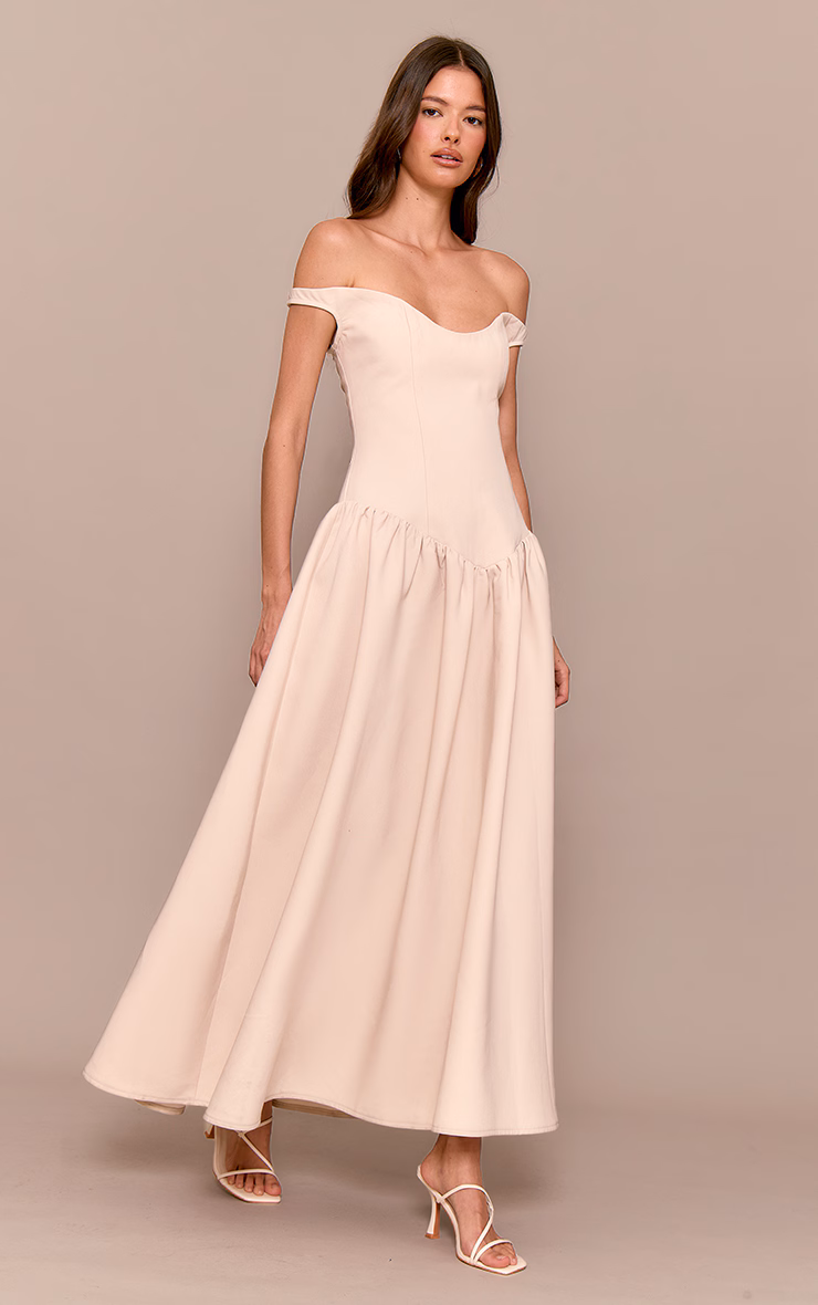 Cream Woven Dipped Bardot Ruched Midaxi Dress