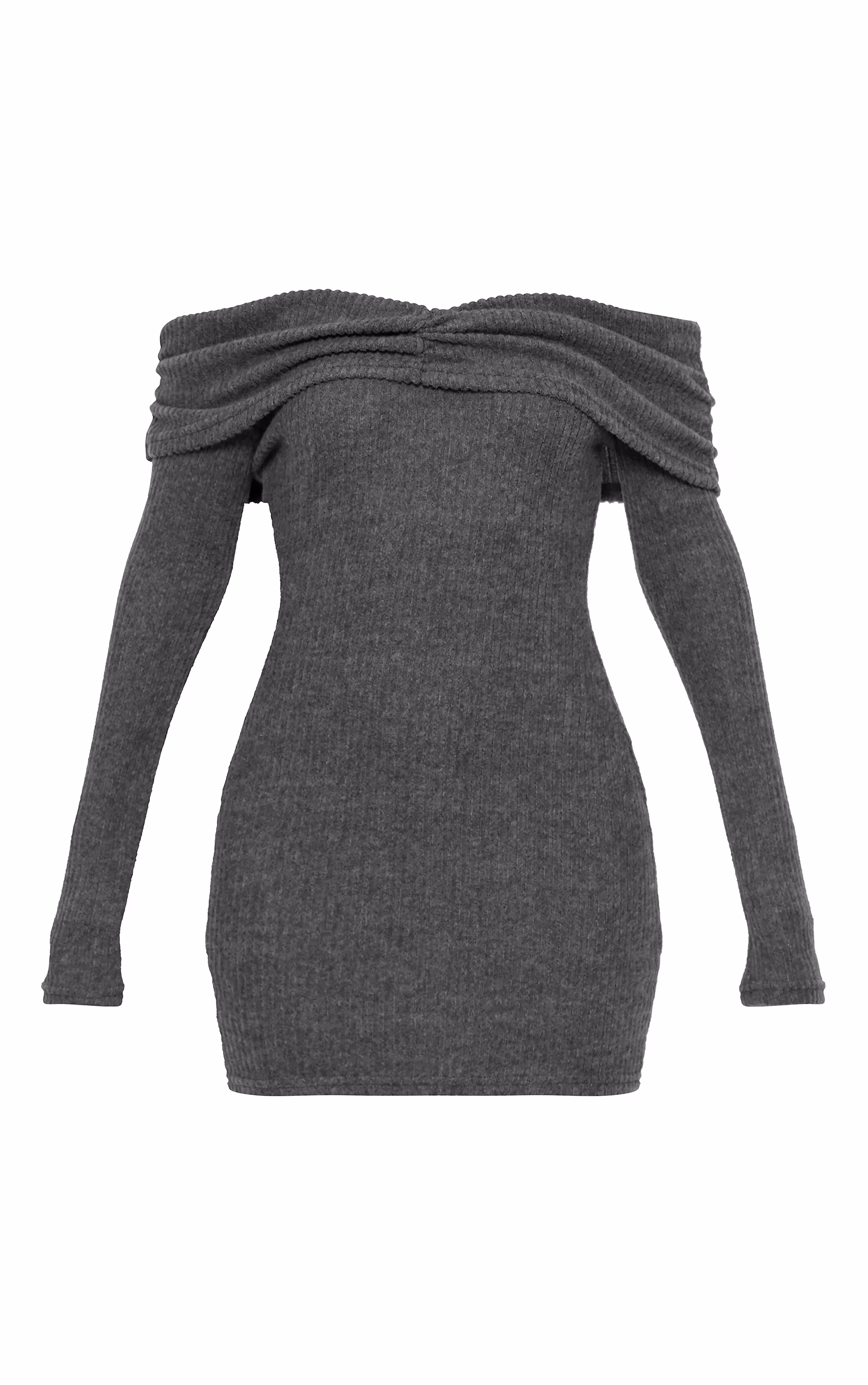 Grey Brushed Rib Bardot Long Sleeve Bodycon Dress