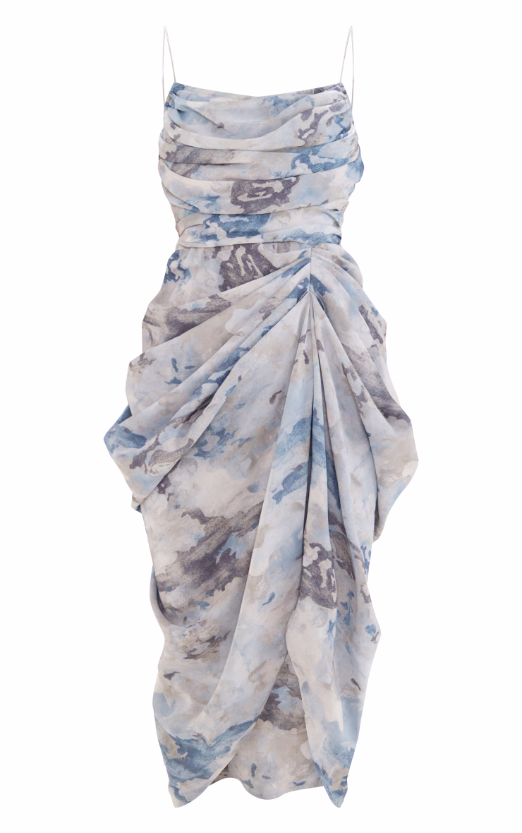 Grey Abstract Print Chiffon Ruched Drape Midi Dress