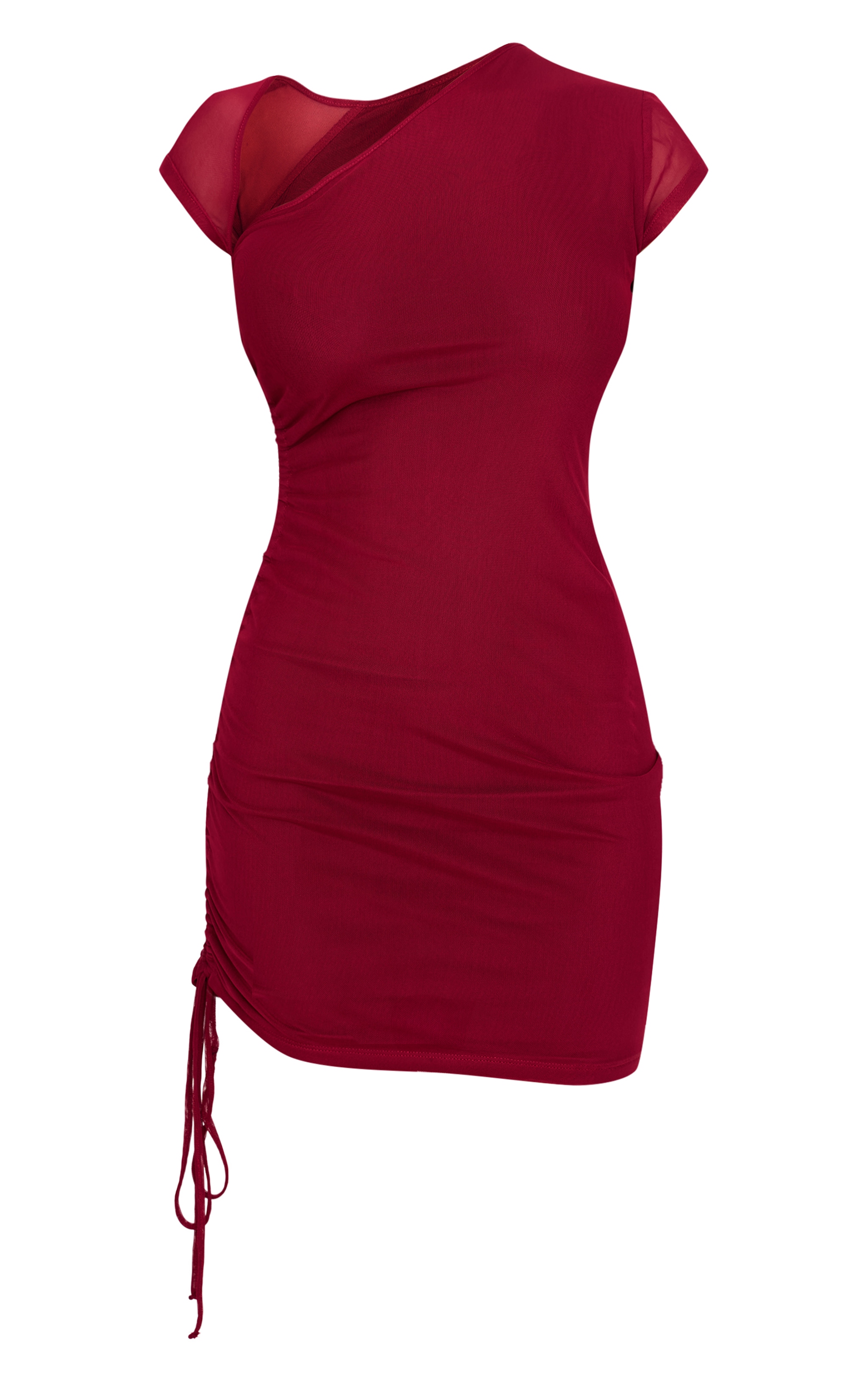 Burgundy Double Layered Mesh Ruched Mini Dress