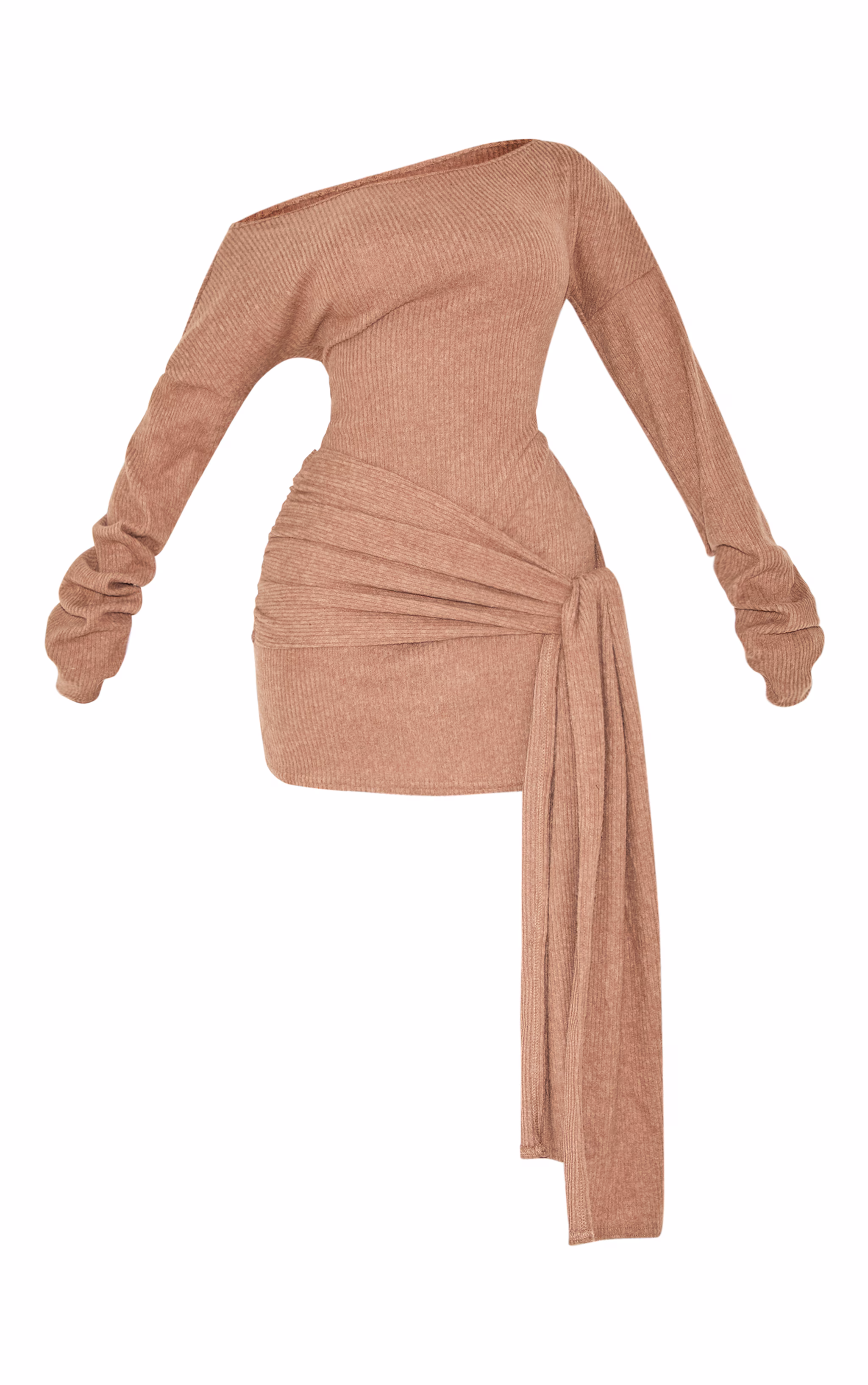 Shape Taupe Brushed Rib Boat Neck Wrap Waist Mini Dress