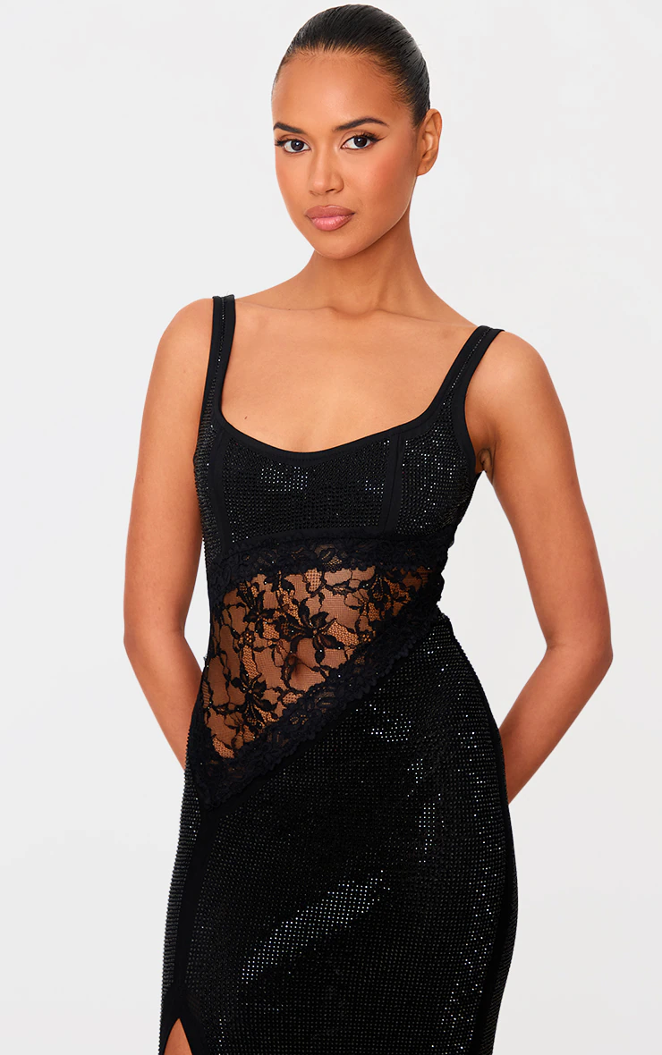 Black Premium Diamante Lace Detail Corset Maxi Dress