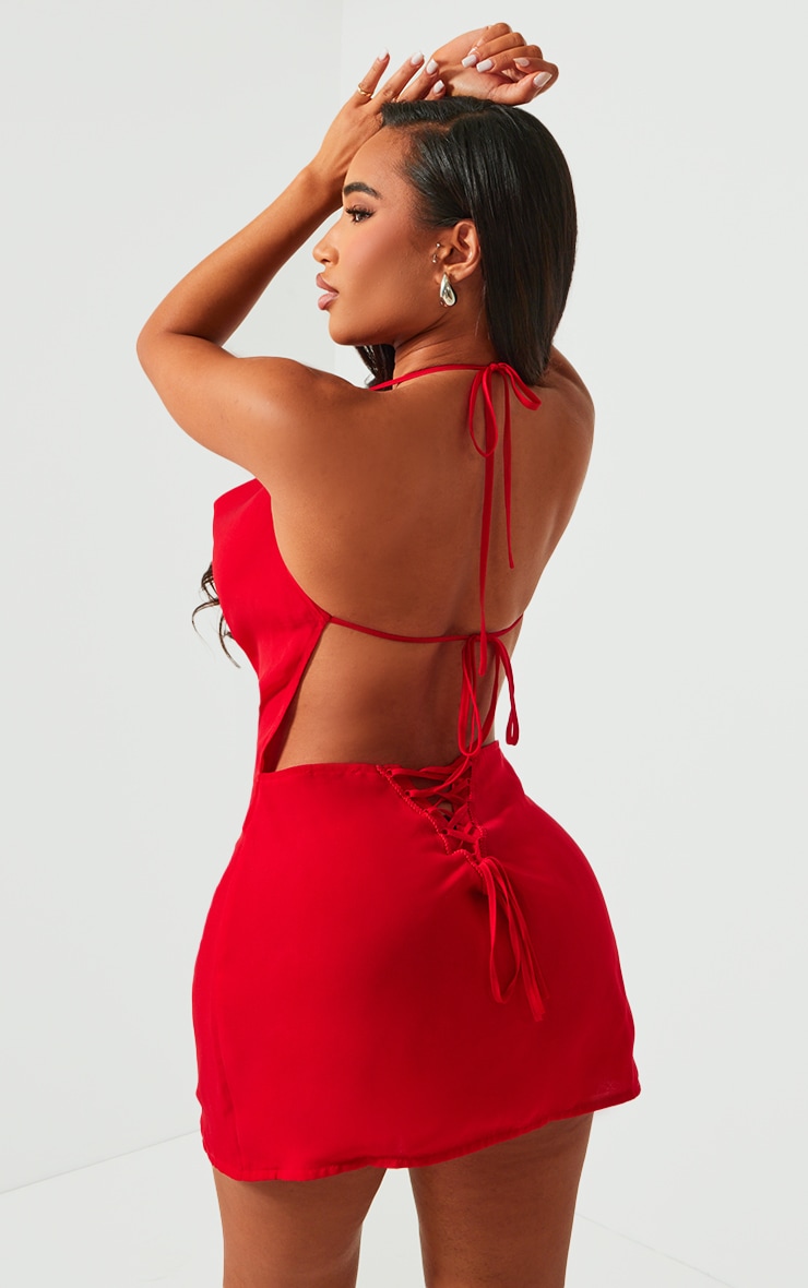 Shape Red Woven Cowl Neck Lace Back Mini Dress