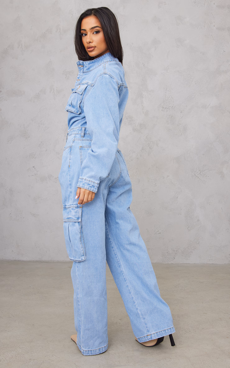 Petite Light Blue Wash Denim Cargo Wide Leg Jumpsuit