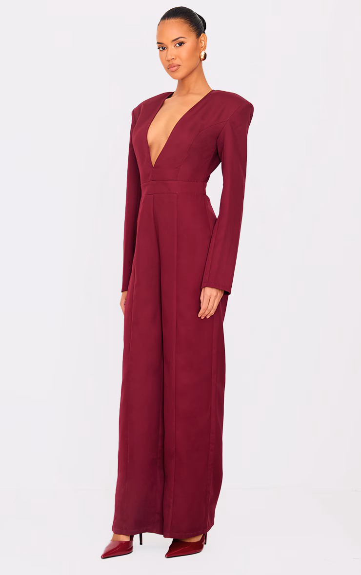 Burgundy Woven Plunge Long Sleeve Straight Leg Jumpsuit