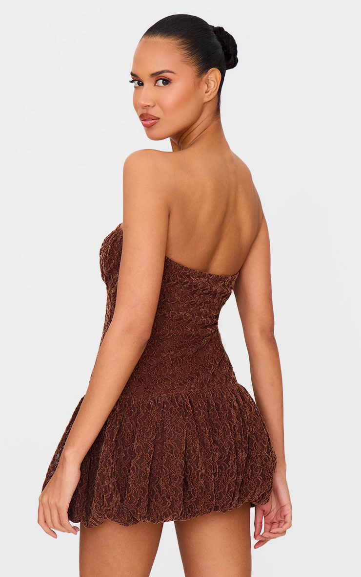 Chocolate Lace Bandeau Ruched Mini Dress