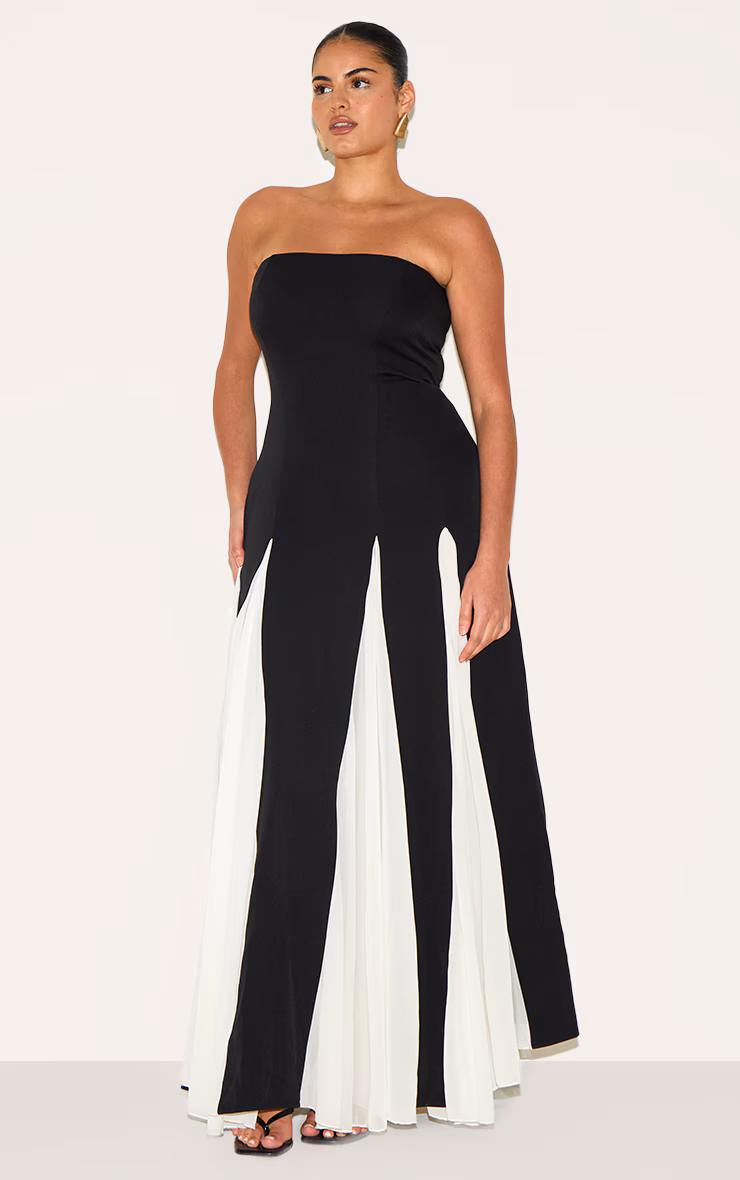 Plus Black Bandeau Contrast Chiffon Pleated Maxi Dress