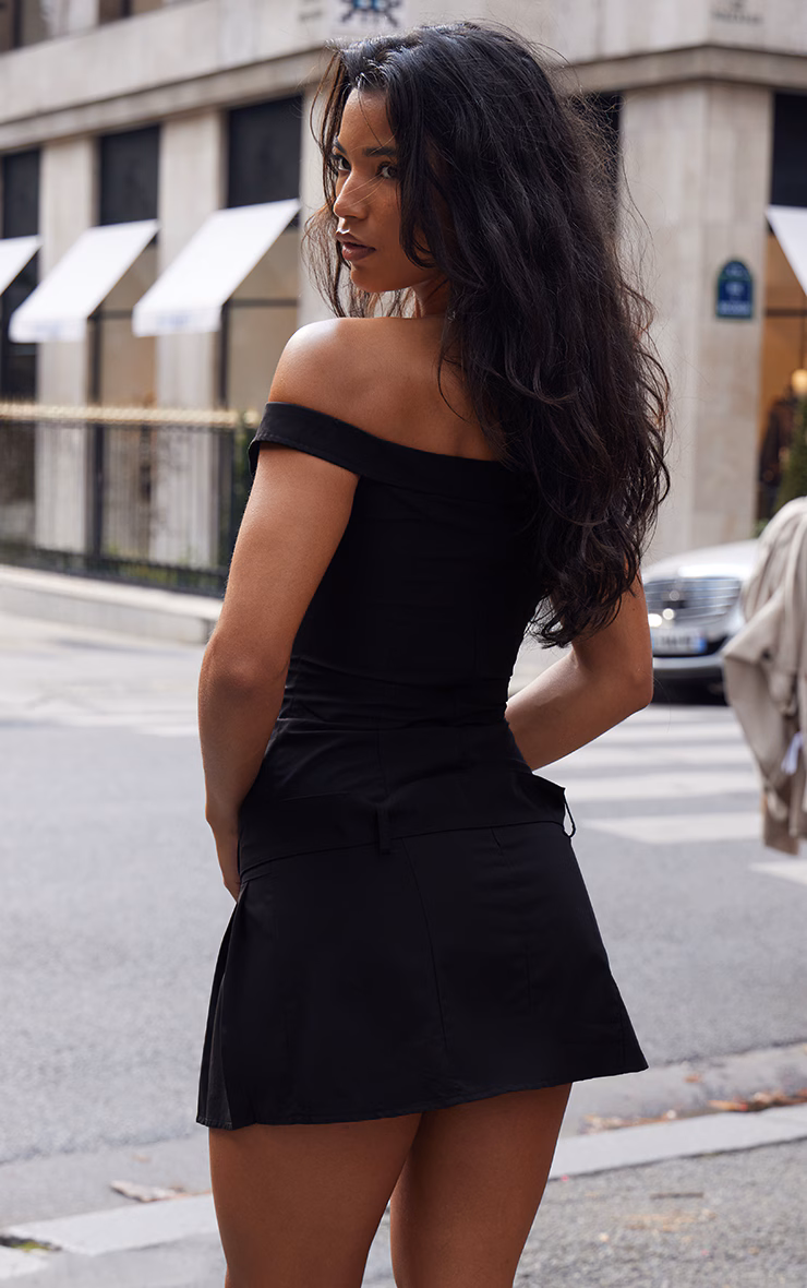 Black Bardot Belted Pleated Shift Dress