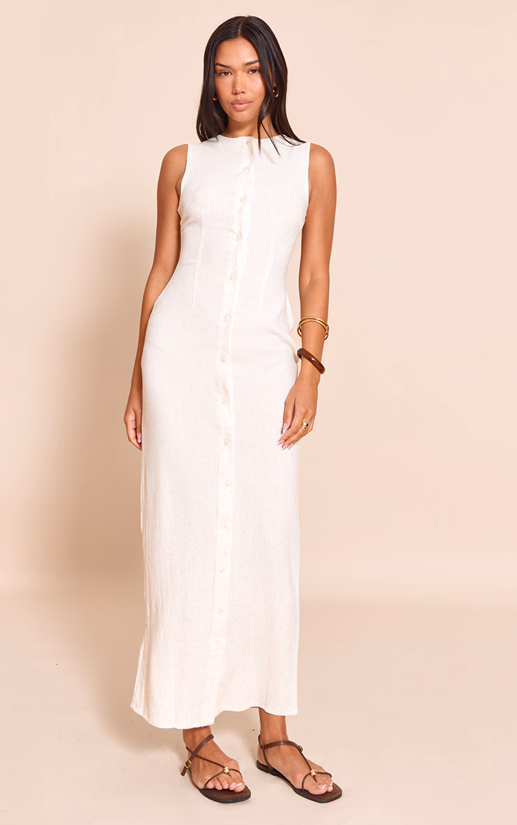 Natural Textured Button Down Sleeveless Maxi Dress