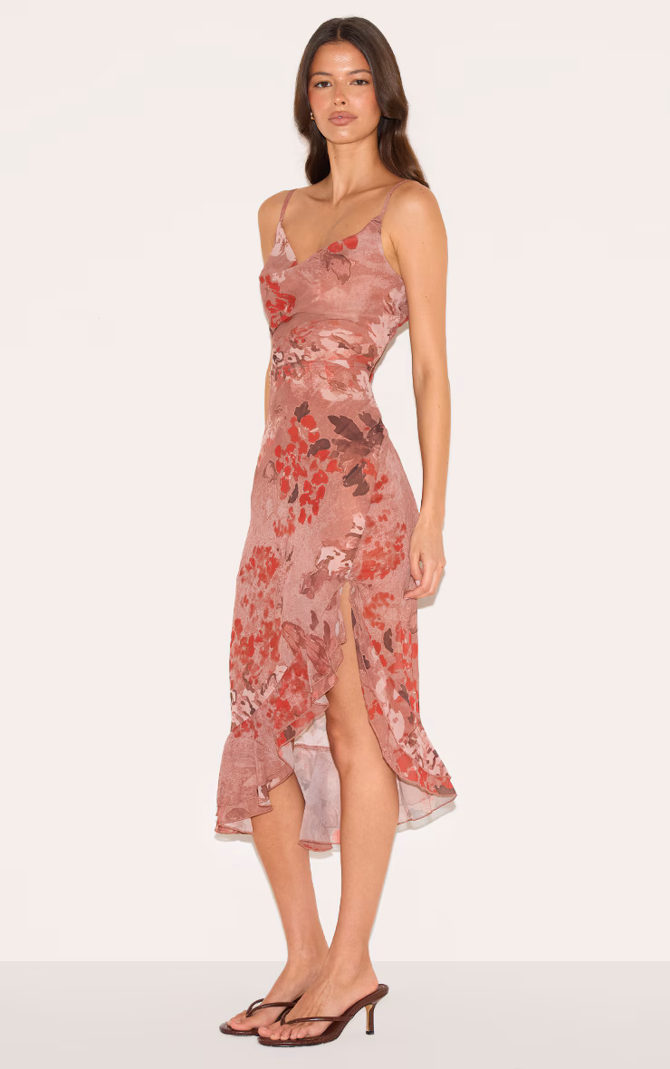 Mushroom Chiffon Floral Cowl Neck Midi Dress