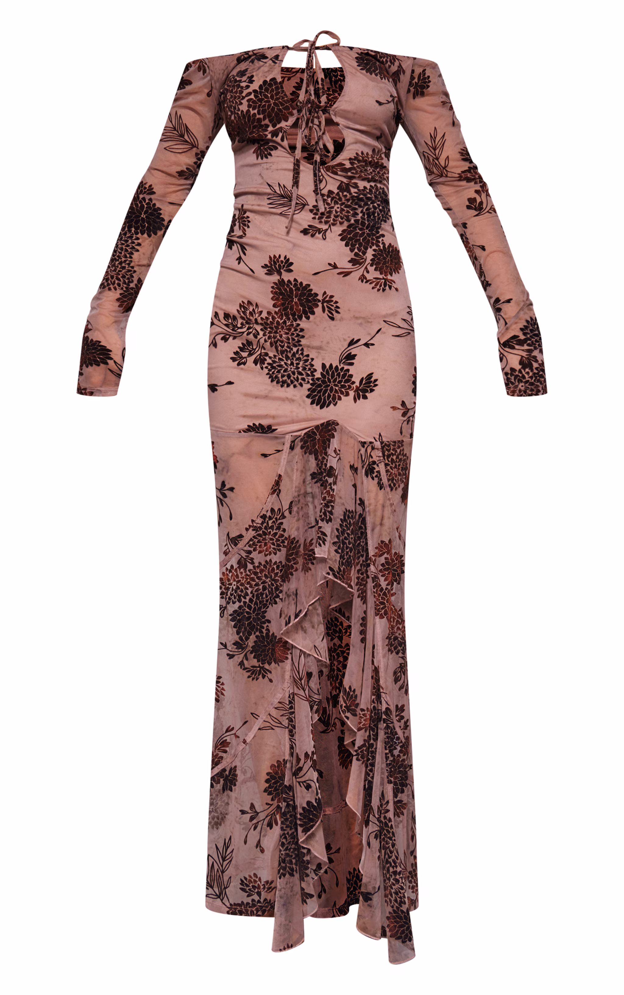 Brown Floral Print Devore Off The Shoulder Long Sleeve Maxi Dress