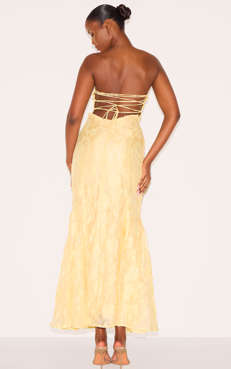 Lemon Textured Lace Up Back Maxi Dress