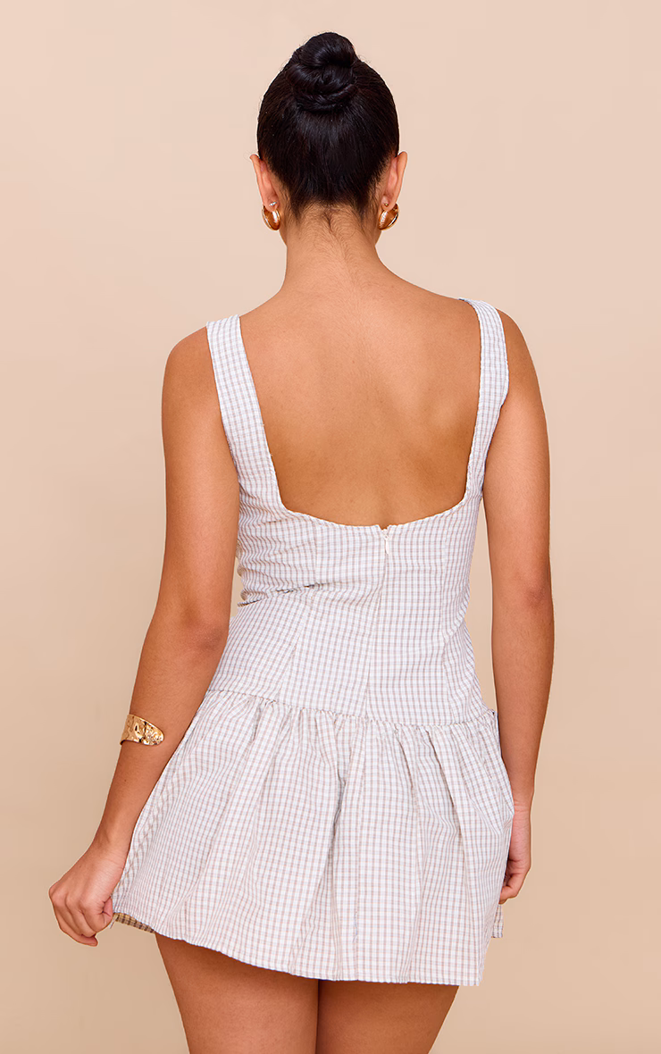 Taupe Checked Scoop Back Button Down Shift Dress