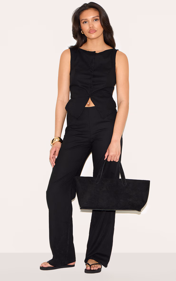 Black Linen Blend Vest Detail Straight Leg Jumpsuit