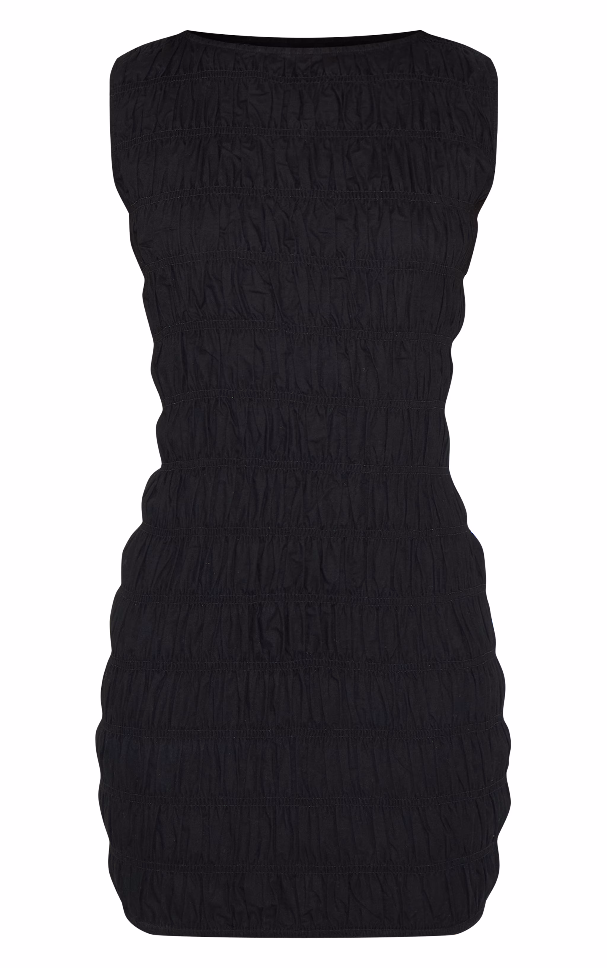 Black Boat Neck Shirred Bodycon Dress