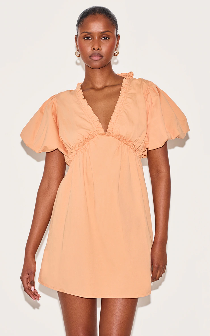 Orange Cotton Gathered A-line Dress