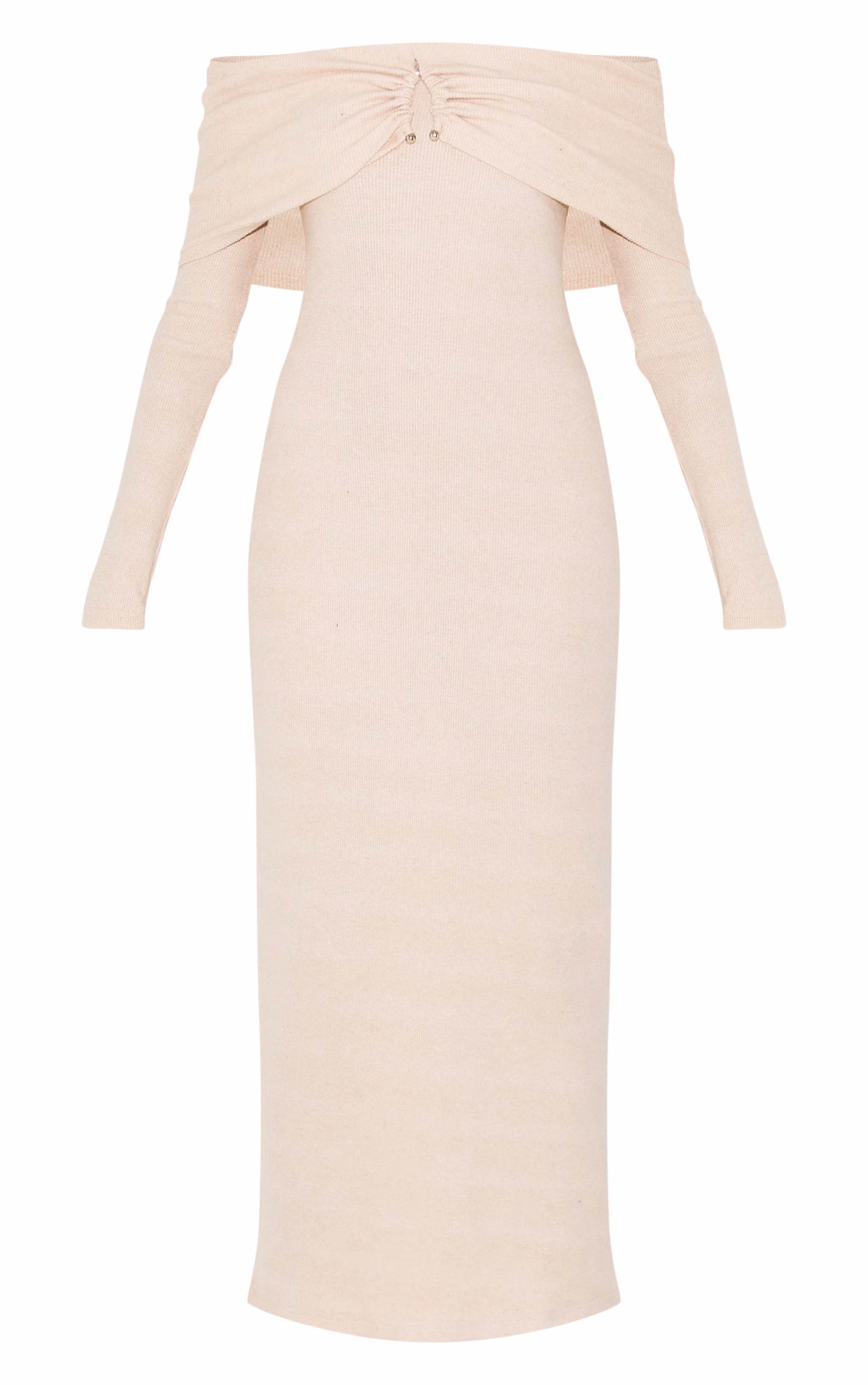 Stone Heavy Brushed Rib Bardot Trim Maxi Dress