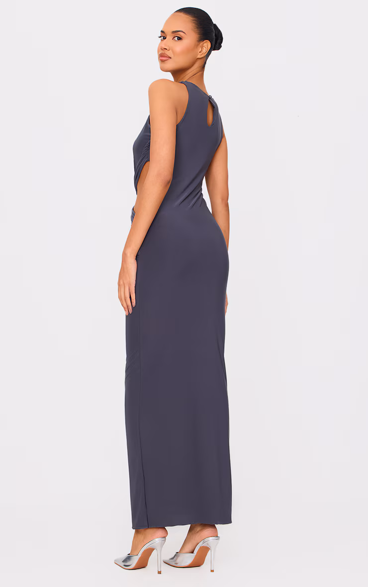 Charcoal Double Layer Slinky Twist Front Maxi Dress