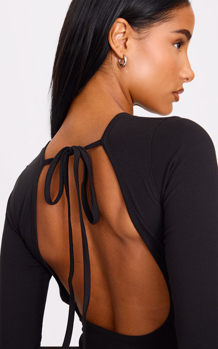 Black Cotton Tie Scoop Back Mini Dress