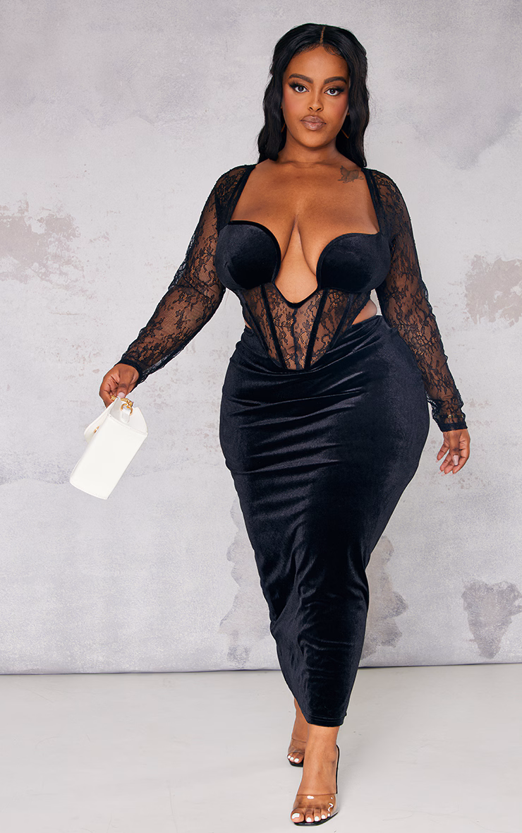 Plus Black Lace Detail Corset Velvet Midaxi Dress